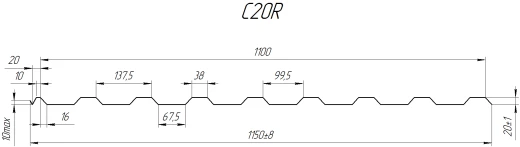 Профнастил С20R 1150/1100x0,5 мм, 9006 бело-алюминиевый глянцевый